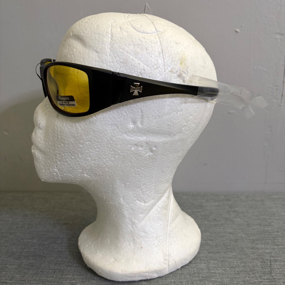 Choppers Sunglasses Mens OS Matte Black Yellow Lens Biker Riding Wrap Glasses